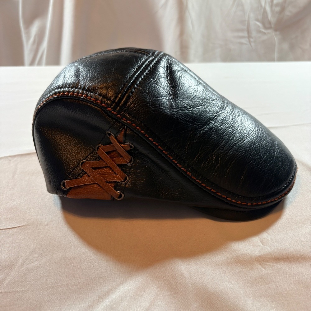Lethmik Leather Flat Cap Mens 56 Small Black Brown Lace Up Driving‎ Ivy Hat